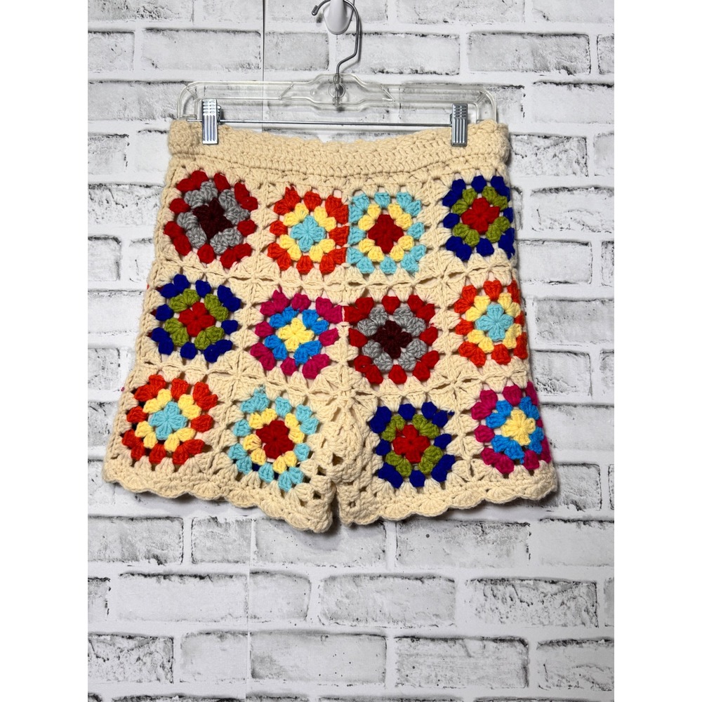 Daphnea Paris Crochet Granny Square Shorts Cream Multi Boho Retro Festival M/L